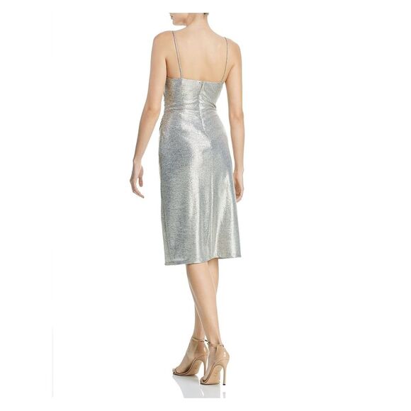 AQUA Womens Gathered Slitted Spaghetti Strap V Neck Below The Knee Party Dress - Picture 2 of 2